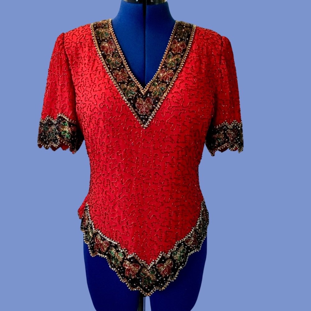 Vintage Laurence Kazan Red Beaded V Neck Blouse